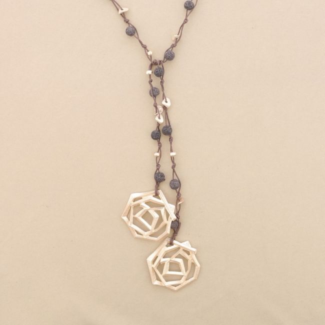 METAL DOUBLE SPIRAL BRAIDED LAVA BEADS LONG NECKLACE