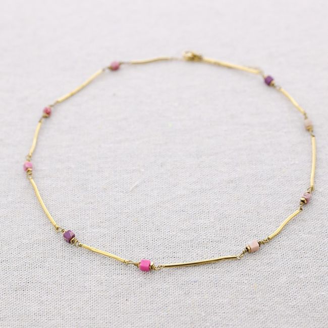 STEEL NECKLACE IRREGULAR TUBES SQUARE STONES