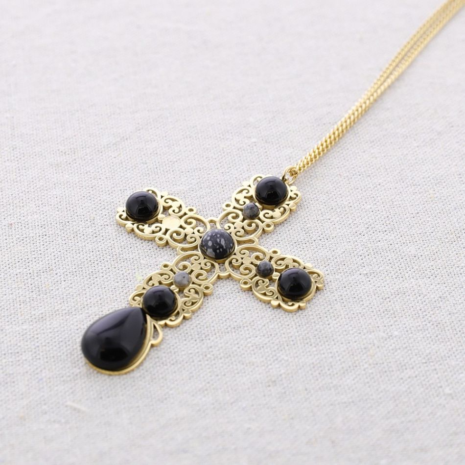LONG STONE STEEL CROSS PENDANT NECKLACE