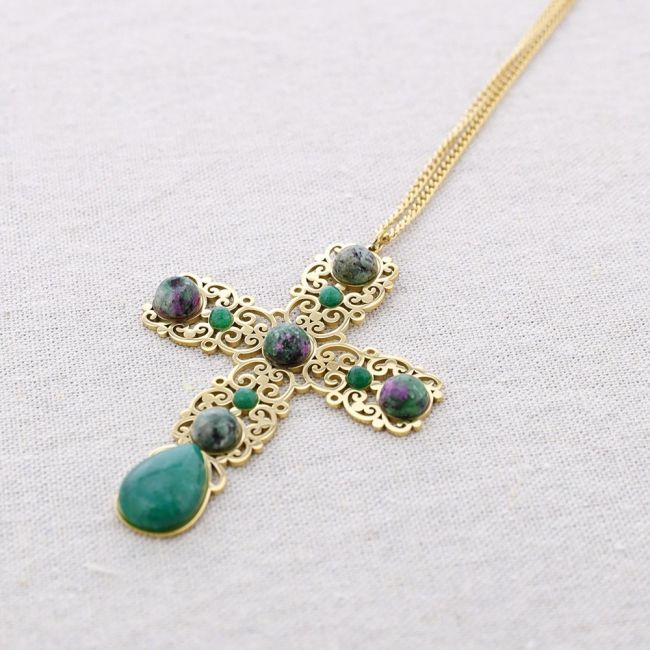LONG STONE STEEL CROSS PENDANT NECKLACE