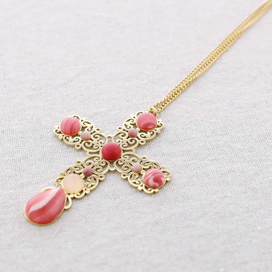 LONG STONE STEEL CROSS PENDANT NECKLACE