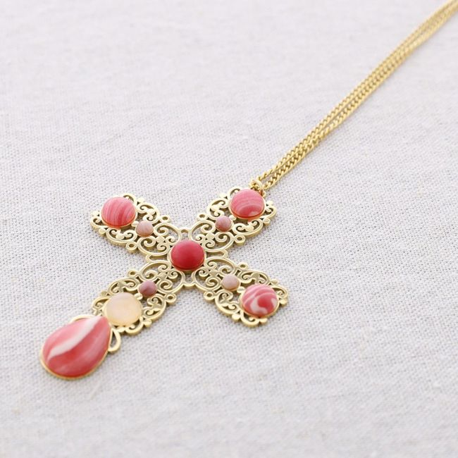 LONG STONE STEEL CROSS PENDANT NECKLACE