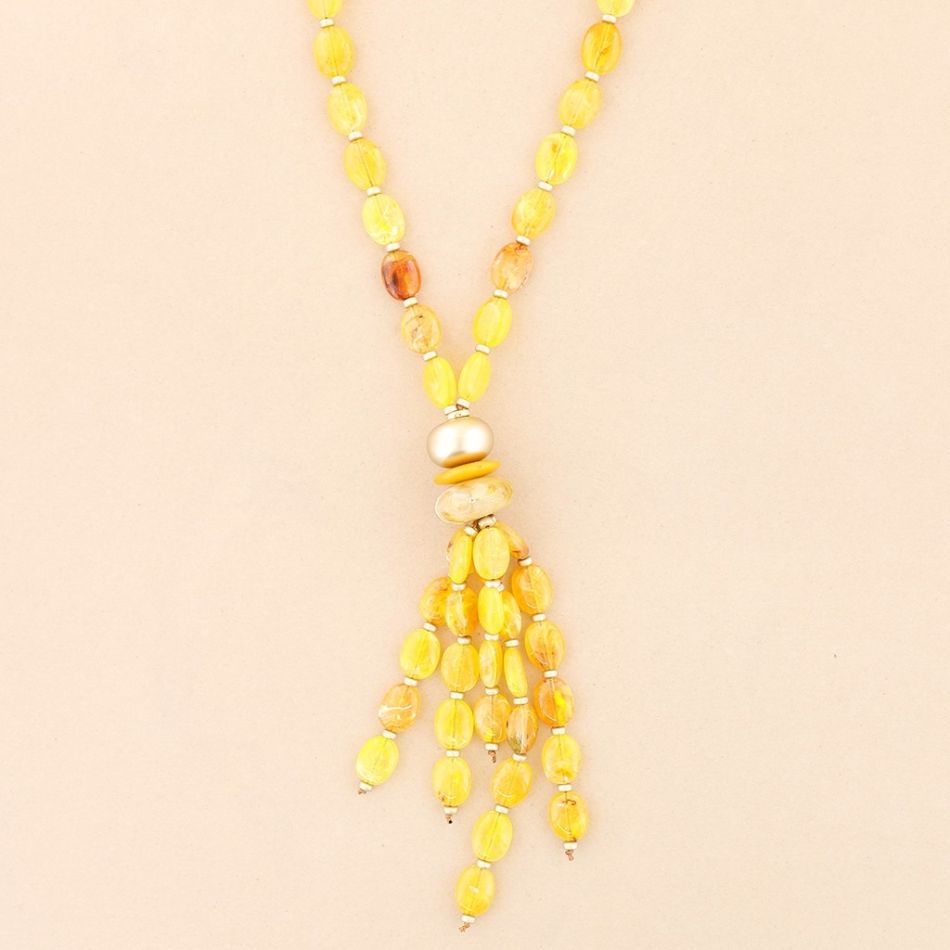 COLLAR LARGO COLGANTE TIRAS CUENTAS RESINA