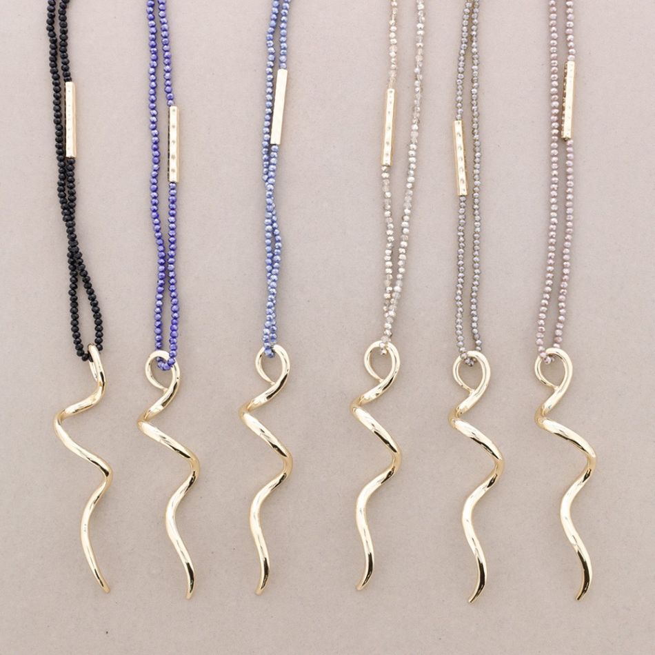 LONG NECKLACE WITH FACETED CRYSTALS METAL SNAKE PENDANT