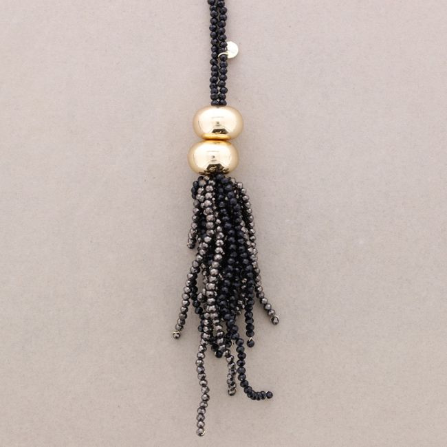 LONG FRINGE PENDANT NECKLACE WITH FACETED CRYSTALS