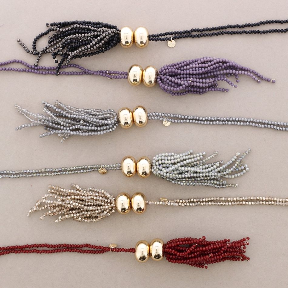 LONG FRINGE PENDANT NECKLACE WITH FACETED CRYSTALS