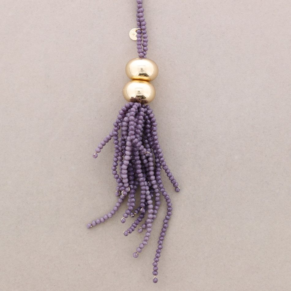 LONG FRINGE PENDANT NECKLACE WITH FACETED CRYSTALS