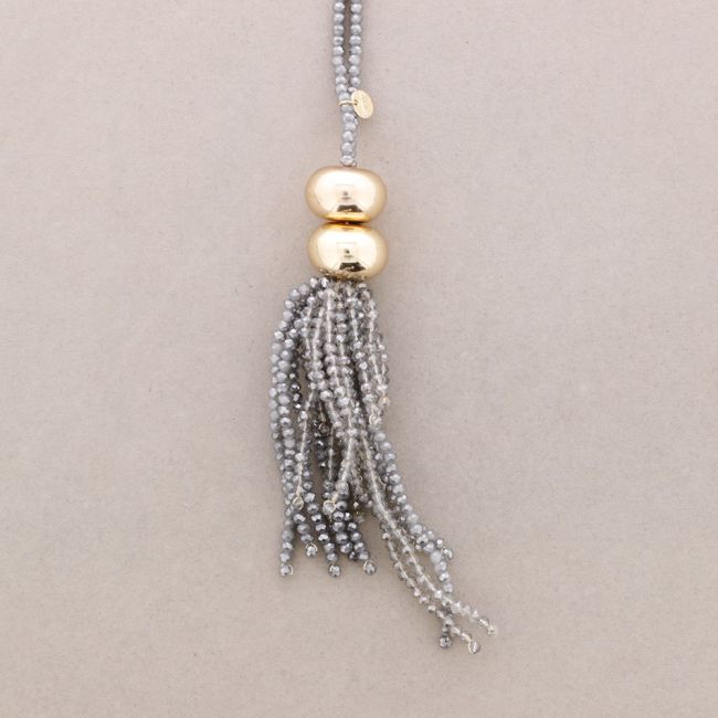 LONG FRINGE PENDANT NECKLACE WITH FACETED CRYSTALS
