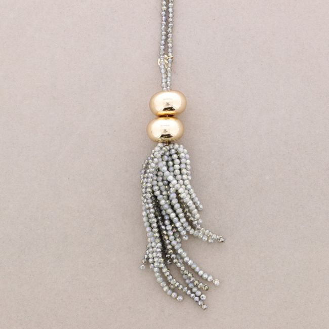 LONG FRINGE PENDANT NECKLACE WITH FACETED CRYSTALS