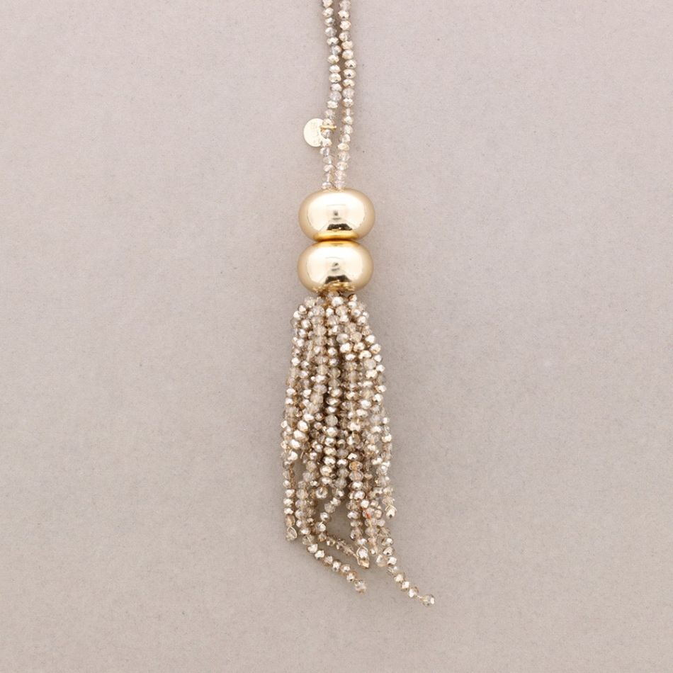 LONG FRINGE PENDANT NECKLACE WITH FACETED CRYSTALS