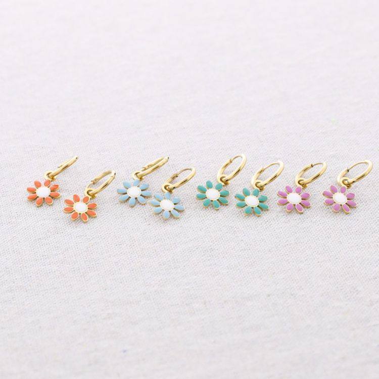 STEEL EARRINGS ENAMEL FLOWER PENDANT HOOP 2