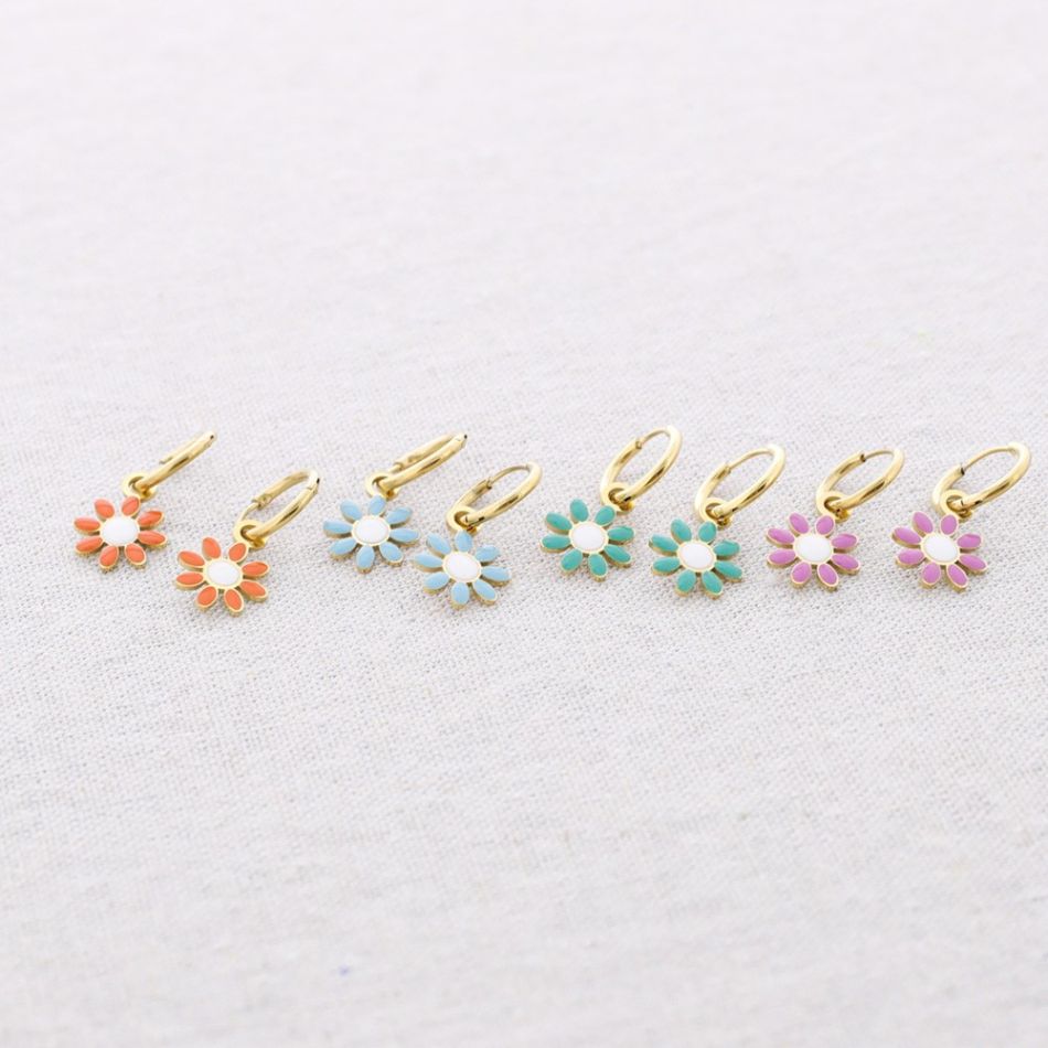 PENDIENTES ACERO ARO COLGANTE FLOR ESMALTE