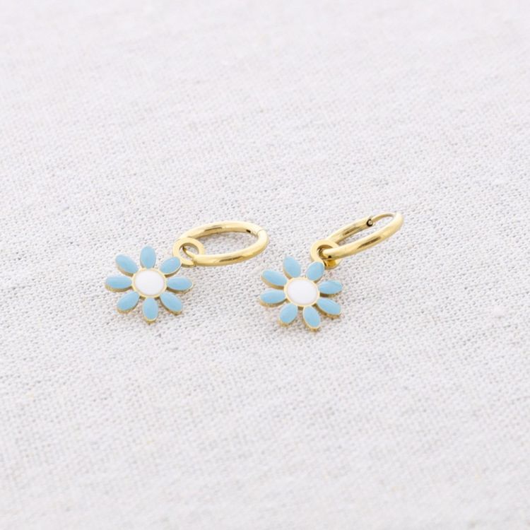 STEEL EARRINGS ENAMEL FLOWER PENDANT HOOP