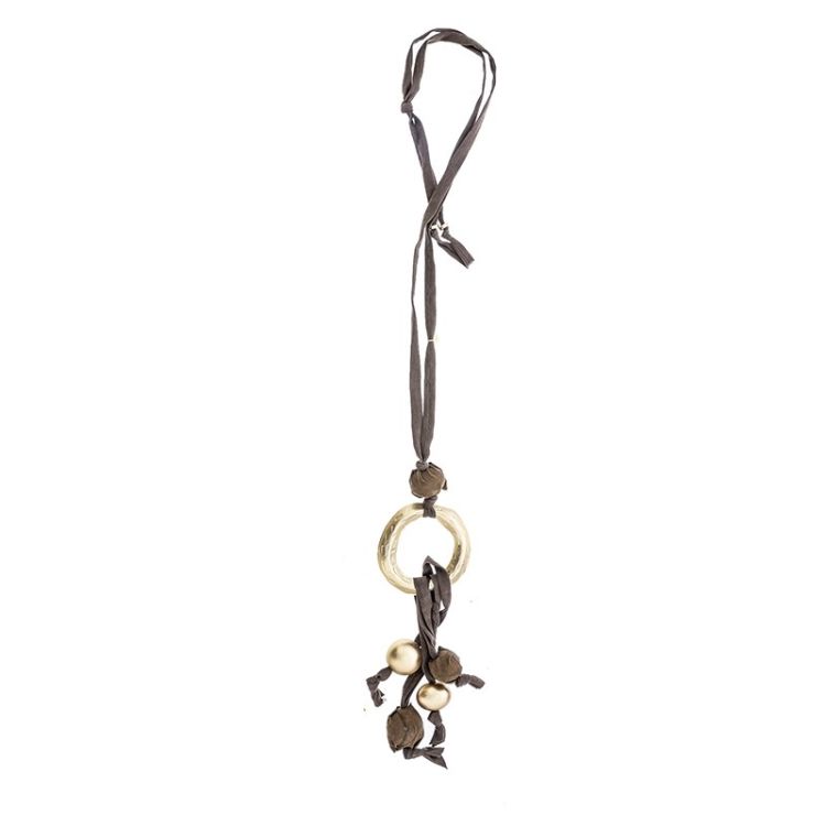 LONG TUBE NECKLACE WITH BALL FRINGE PENDANT