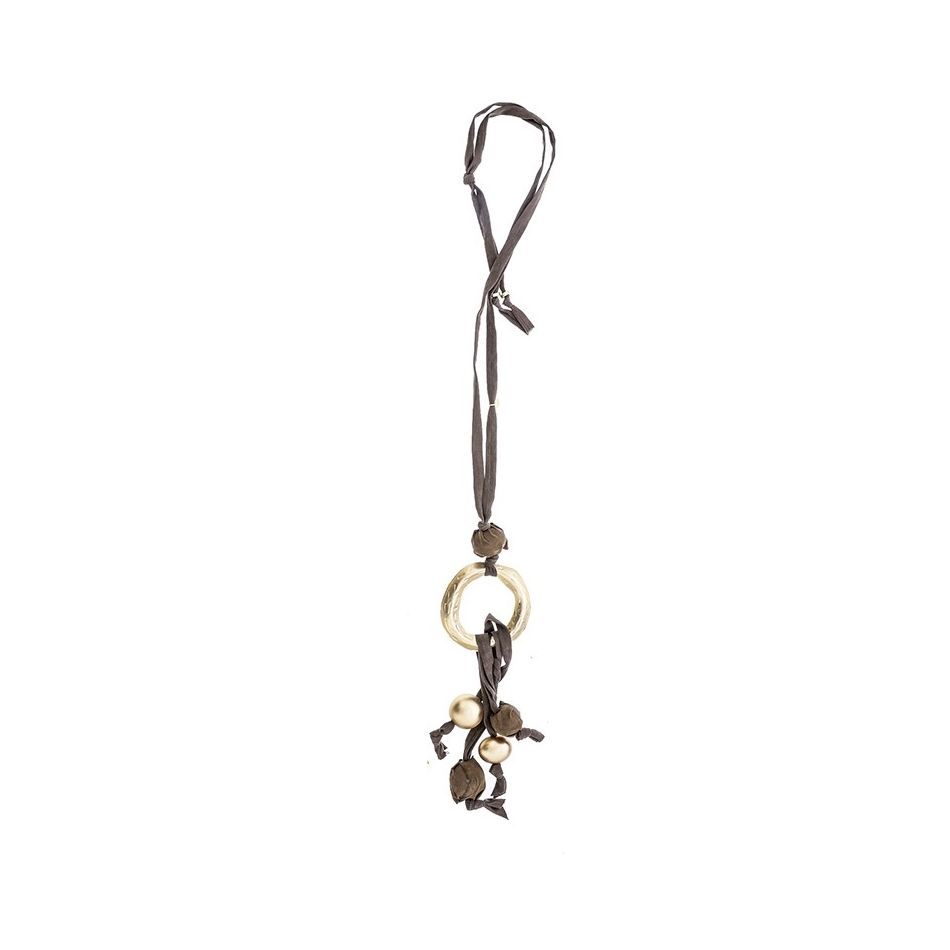 LONG TUBE NECKLACE WITH BALL FRINGE PENDANT