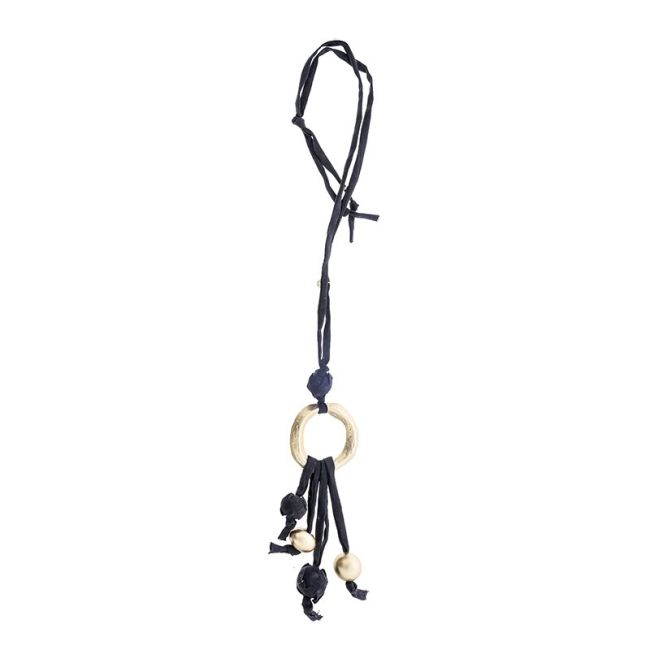 LONG TUBE NECKLACE WITH BALL FRINGE PENDANT