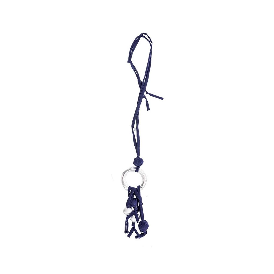 LONG TUBE NECKLACE WITH BALL FRINGE PENDANT