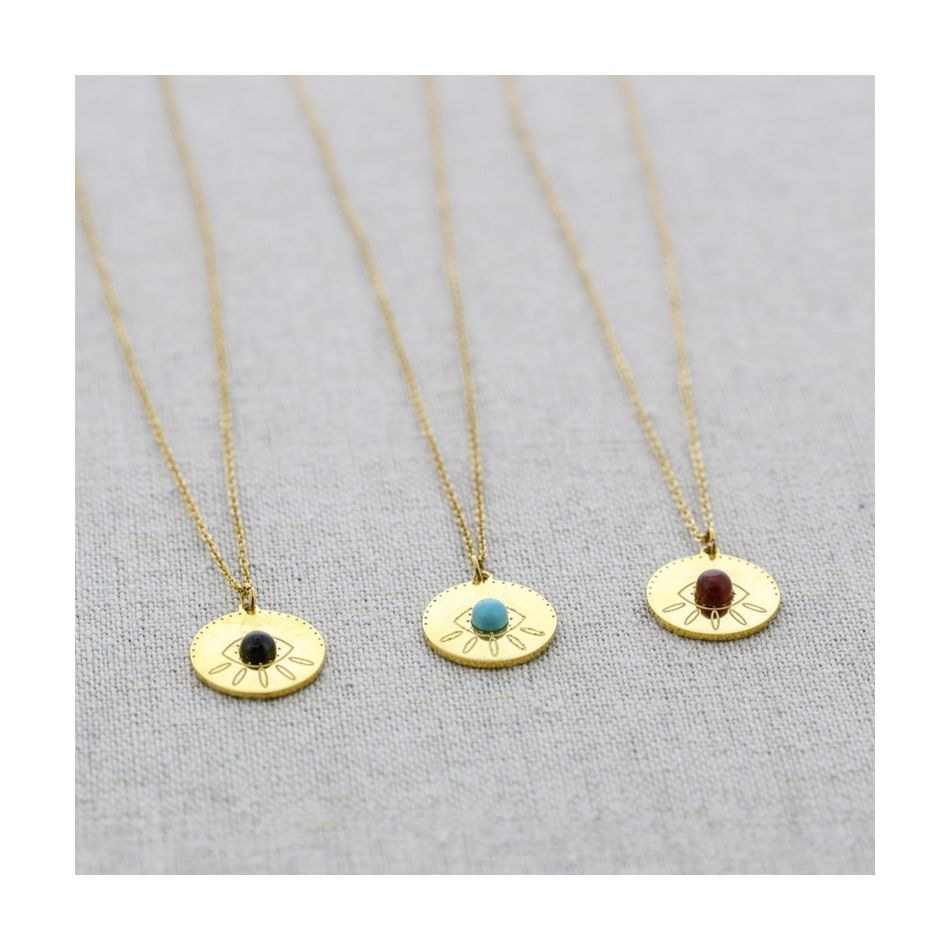 STONE TURKISH EYE MEDAL PENDANT STEEL SHORT NECKLACE