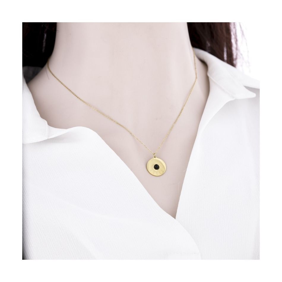STONE TURKISH EYE MEDAL PENDANT STEEL SHORT NECKLACE