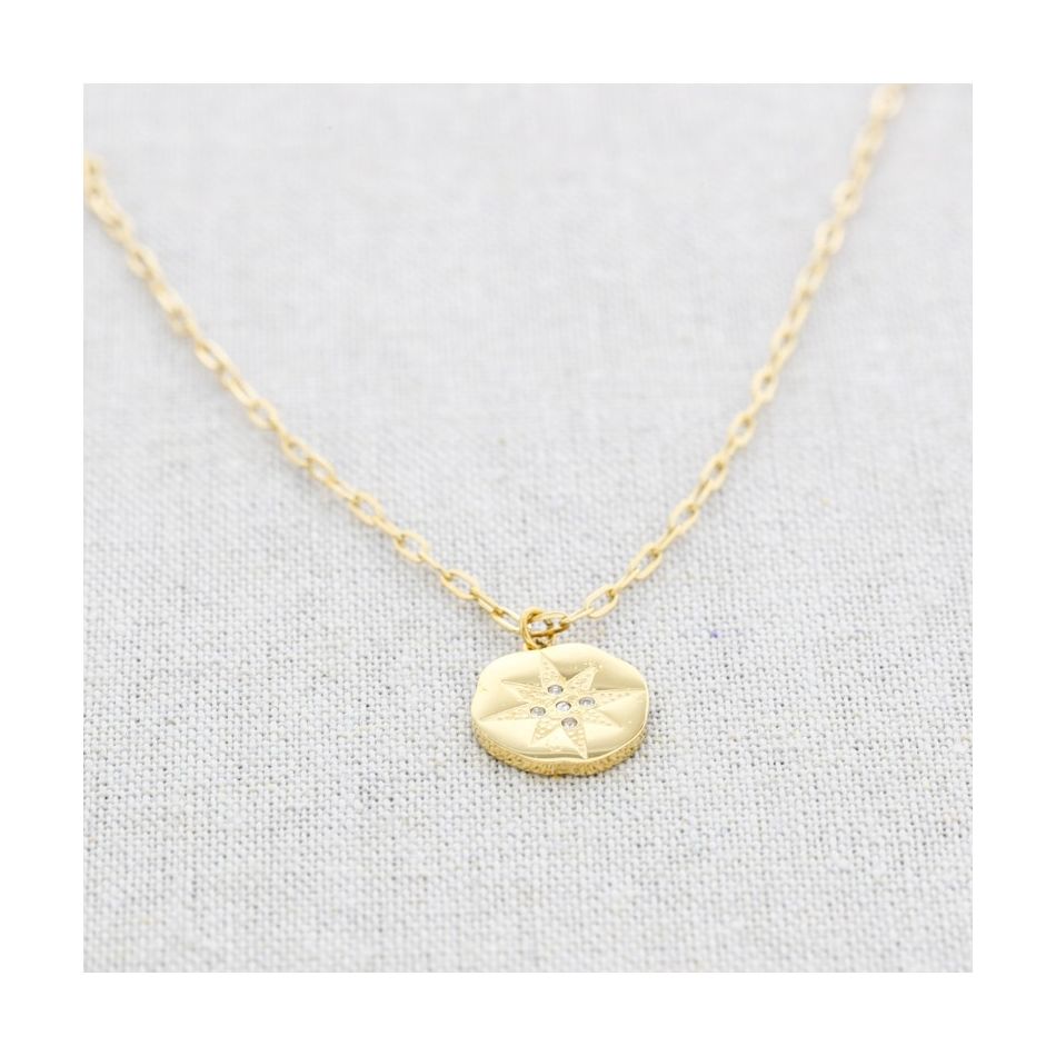 CRYSTAL MEDAL PENDANT STEEL SHORT NECKLACE