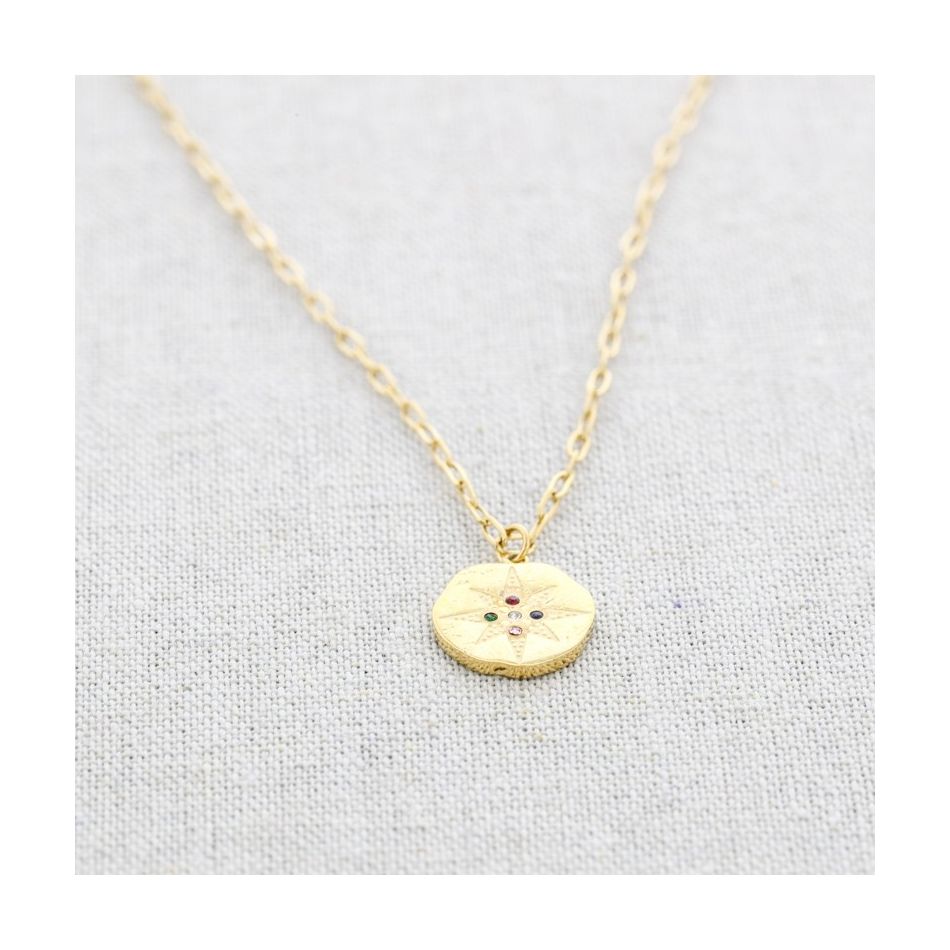 CRYSTAL MEDAL PENDANT STEEL SHORT NECKLACE