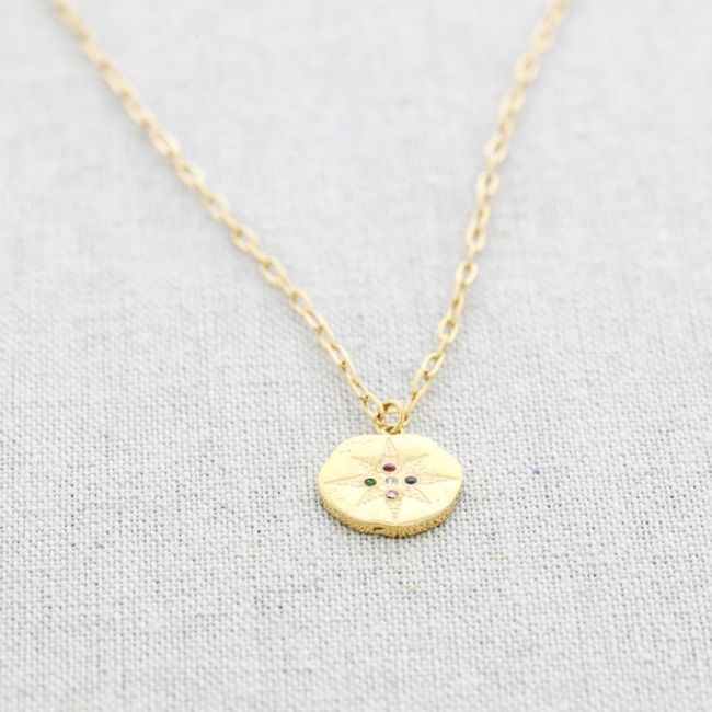 CRYSTAL MEDAL PENDANT STEEL SHORT NECKLACE