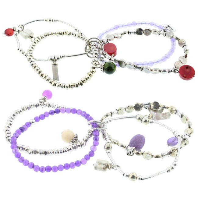 BRACELET 4 STRIPS METAL BEADS STONES
