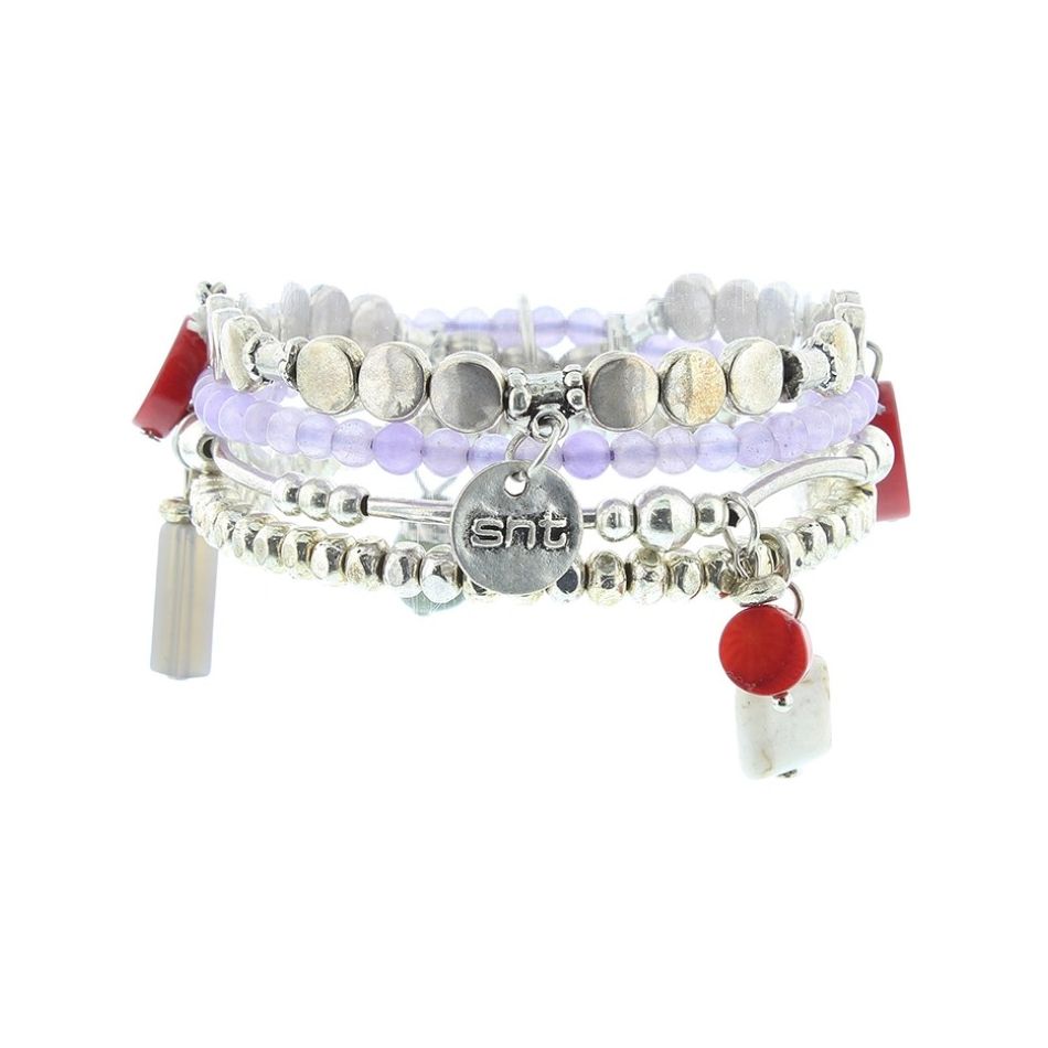 BRACELET 4 STRIPS METAL BEADS STONES