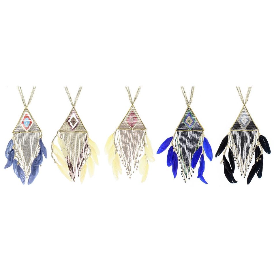 LONG PENDANT NECKLACE FEATHER BEADS