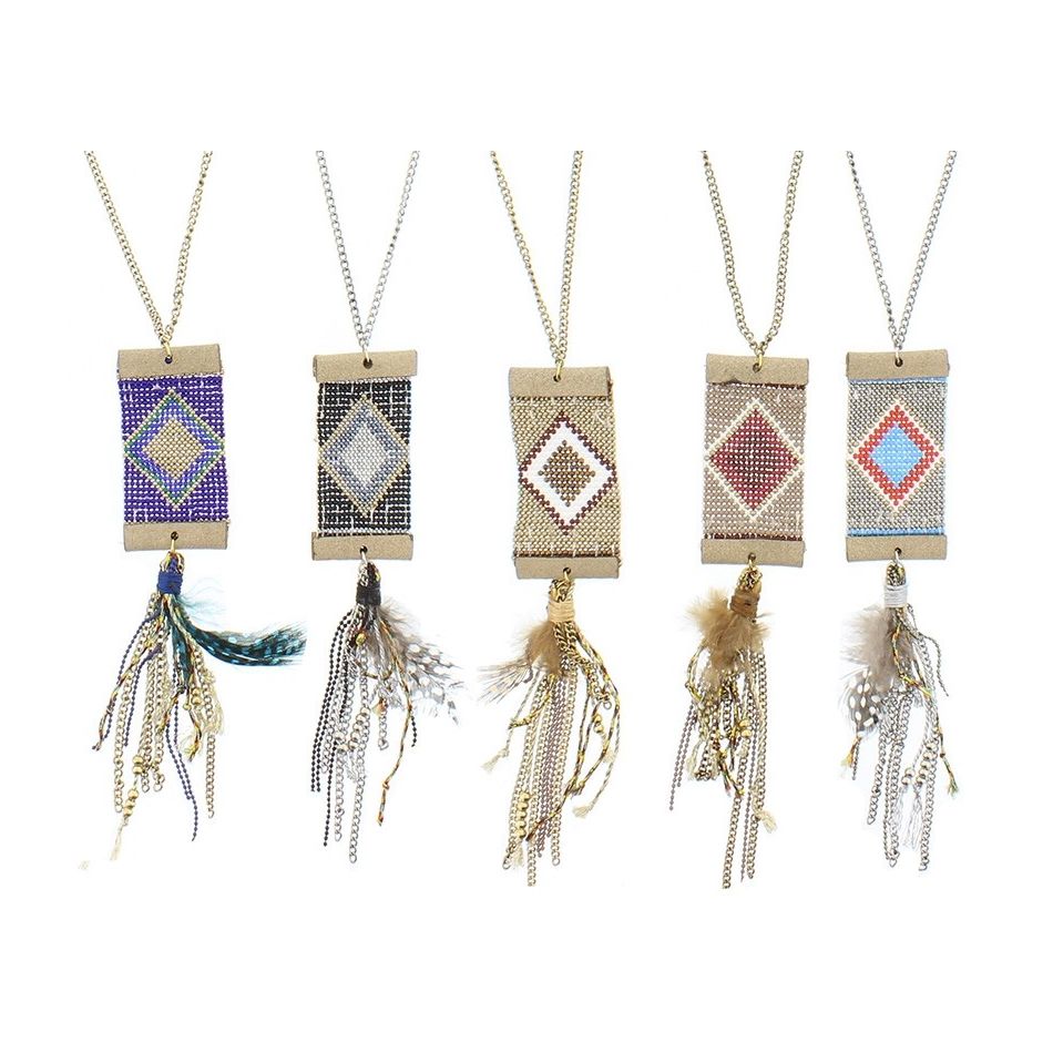 LONG PENDANT NECKLACE FEATHER BEADS