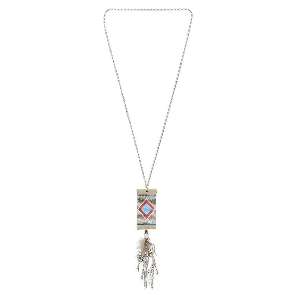 LONG PENDANT NECKLACE FEATHER BEADS
