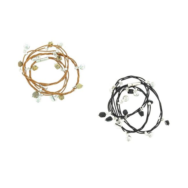 BRACELET WITH SEVERAL TURNS LEATHER METAL PENDANTS
