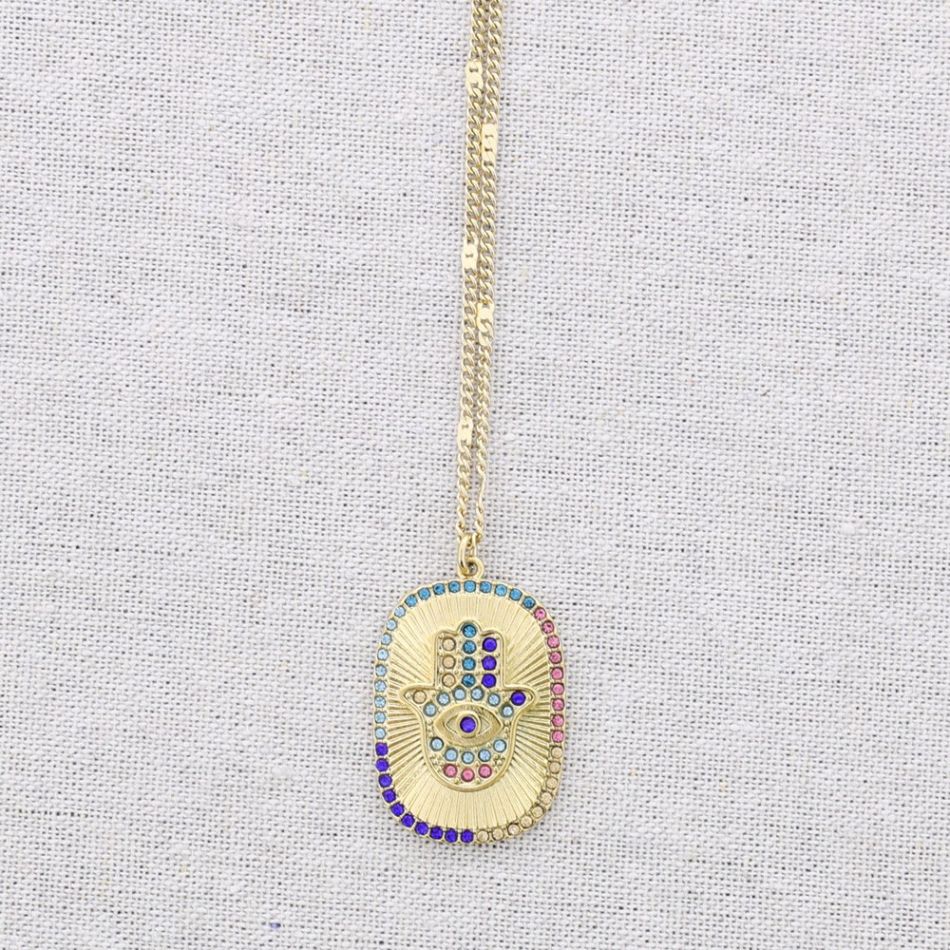 STEEL NECKLACE WITH FATIMA HAND PENDANT CRYSTALS