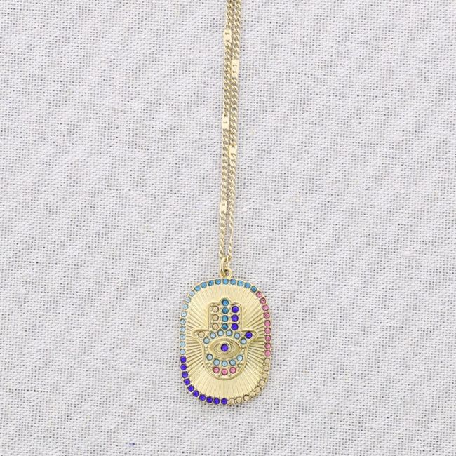 STEEL NECKLACE WITH FATIMA HAND PENDANT CRYSTALS