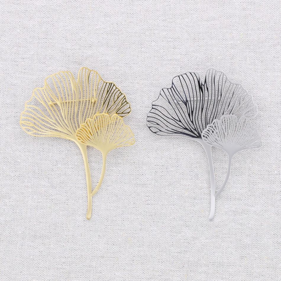 DOUBLE GINGKO LEAF STEEL BROOCH