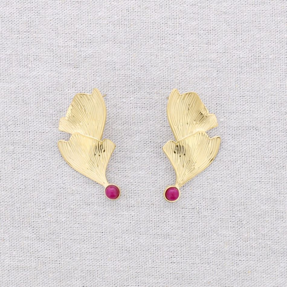 DOUBLE LEAF GINGKO STONE STEEL EARRINGS