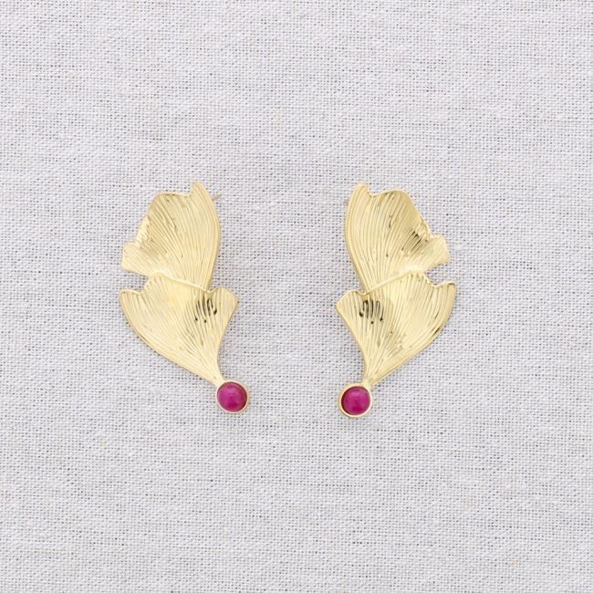PENDIENTES ACERO DOBLE HOJA GINGKO PIEDRA