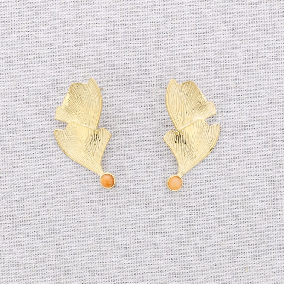 DOUBLE LEAF GINGKO STONE STEEL EARRINGS