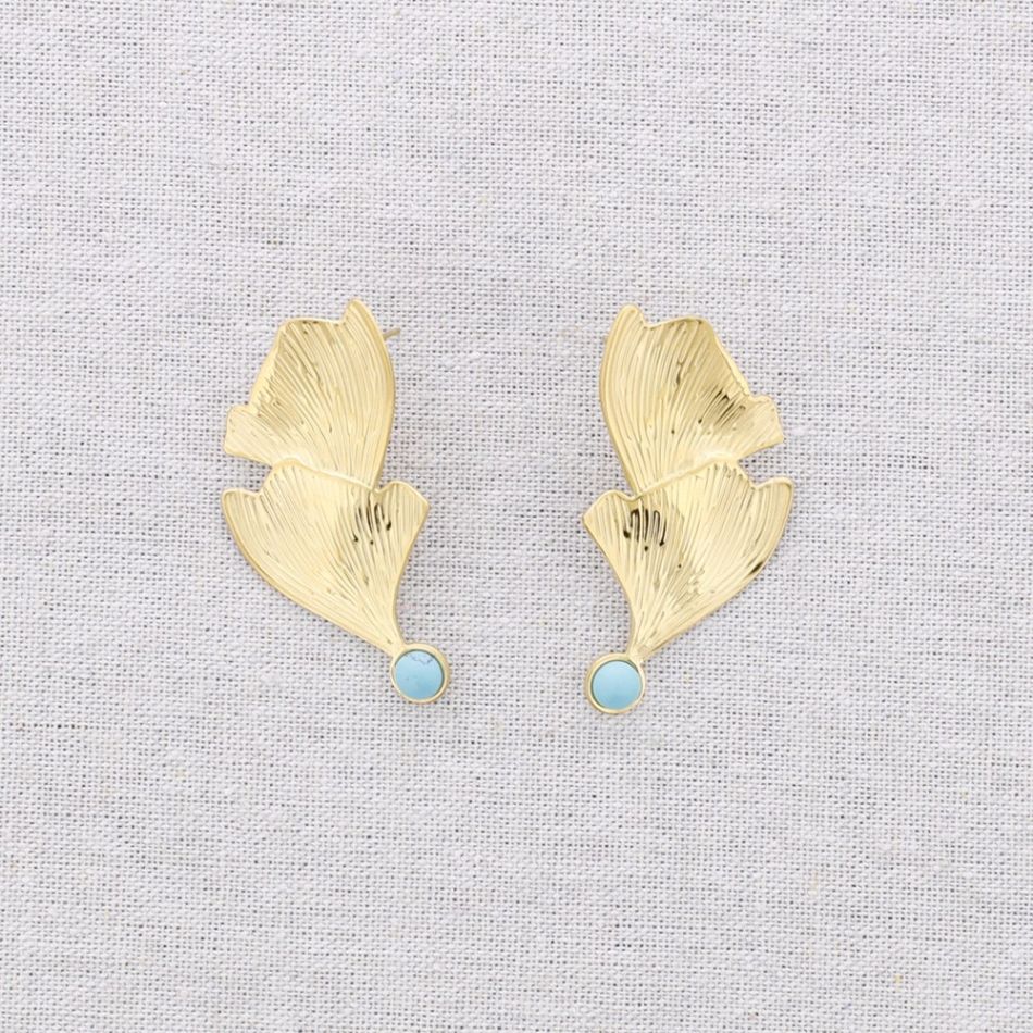 DOUBLE LEAF GINGKO STONE STEEL EARRINGS