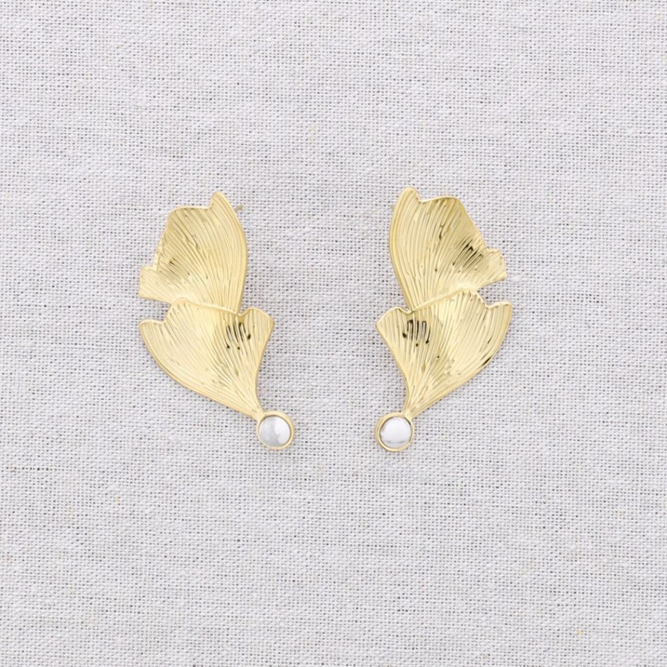 DOUBLE LEAF GINGKO STONE STEEL EARRINGS