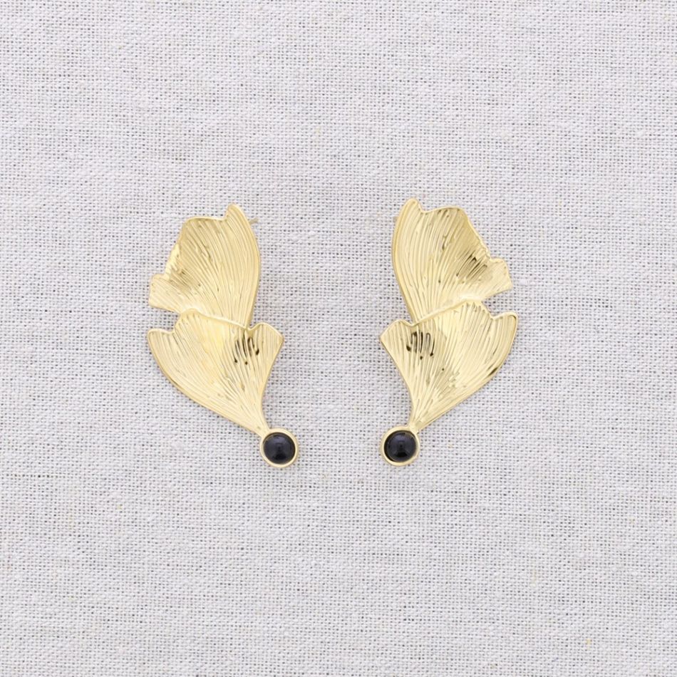 DOUBLE LEAF GINGKO STONE STEEL EARRINGS