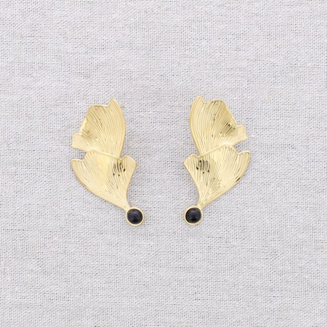DOUBLE LEAF GINGKO STONE STEEL EARRINGS