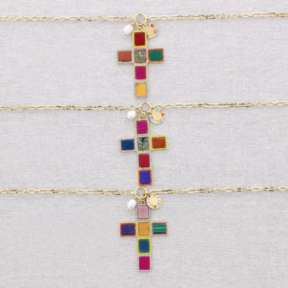 COLLAR ACERO COLGANTE CRUZ PIEDRAS