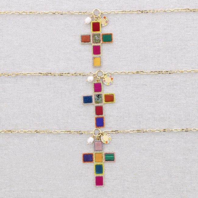 COLLAR ACERO COLGANTE CRUZ PIEDRAS