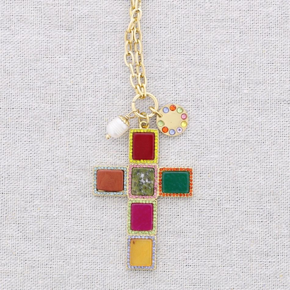 COLLAR ACERO COLGANTE CRUZ PIEDRAS