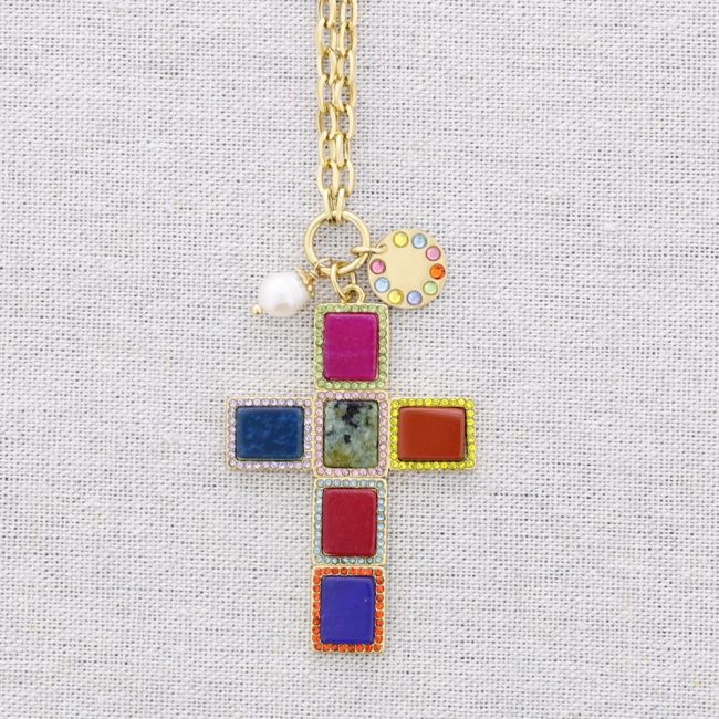 COLLAR ACERO COLGANTE CRUZ PIEDRAS