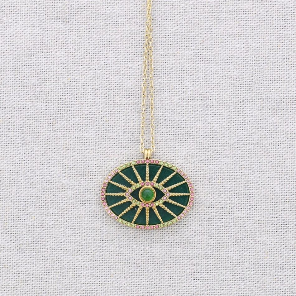 STEEL NECKLACE WITH EYE STONE CRYSTAL PENDANT