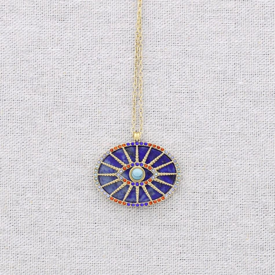 STEEL NECKLACE WITH EYE STONE CRYSTAL PENDANT