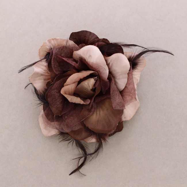 FABRIC FLOWER BROOCH WITH FEATHERS 15CM