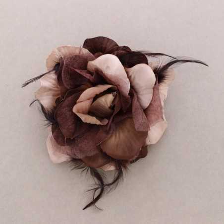 FABRIC FLOWER BROOCH WITH FEATHERS 15CM